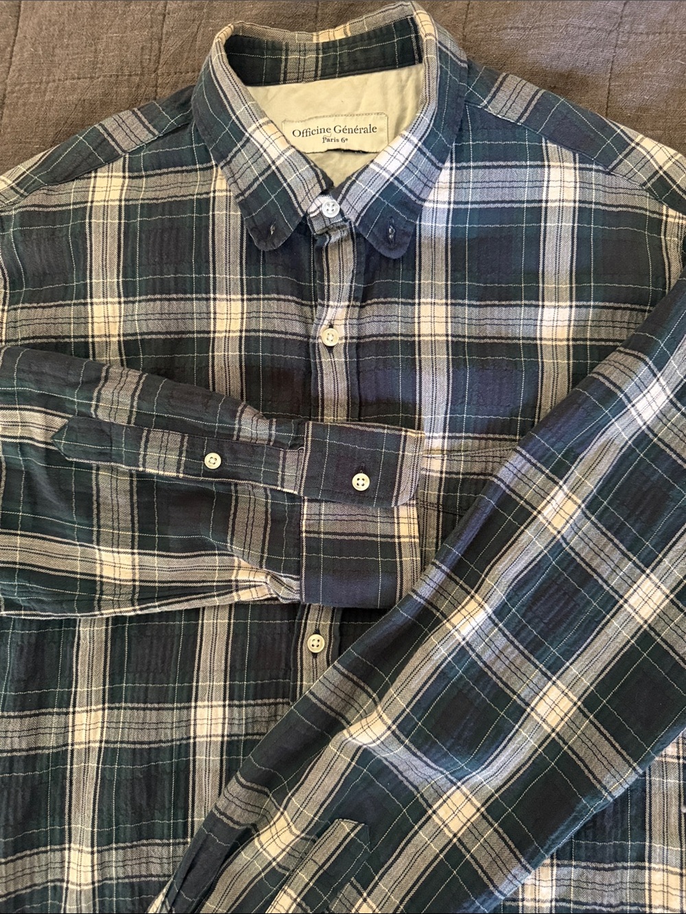 Officine Generale Navy, Green and White Plaid Button-Down Shirt